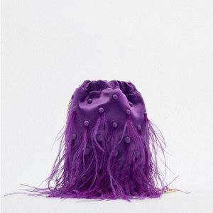 Purple Feathered Satin Bucket Bag